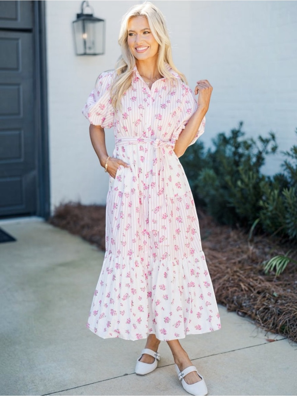 Pink & White Floral Tiered Cotton Puff Sleeve Dress Sz Medium